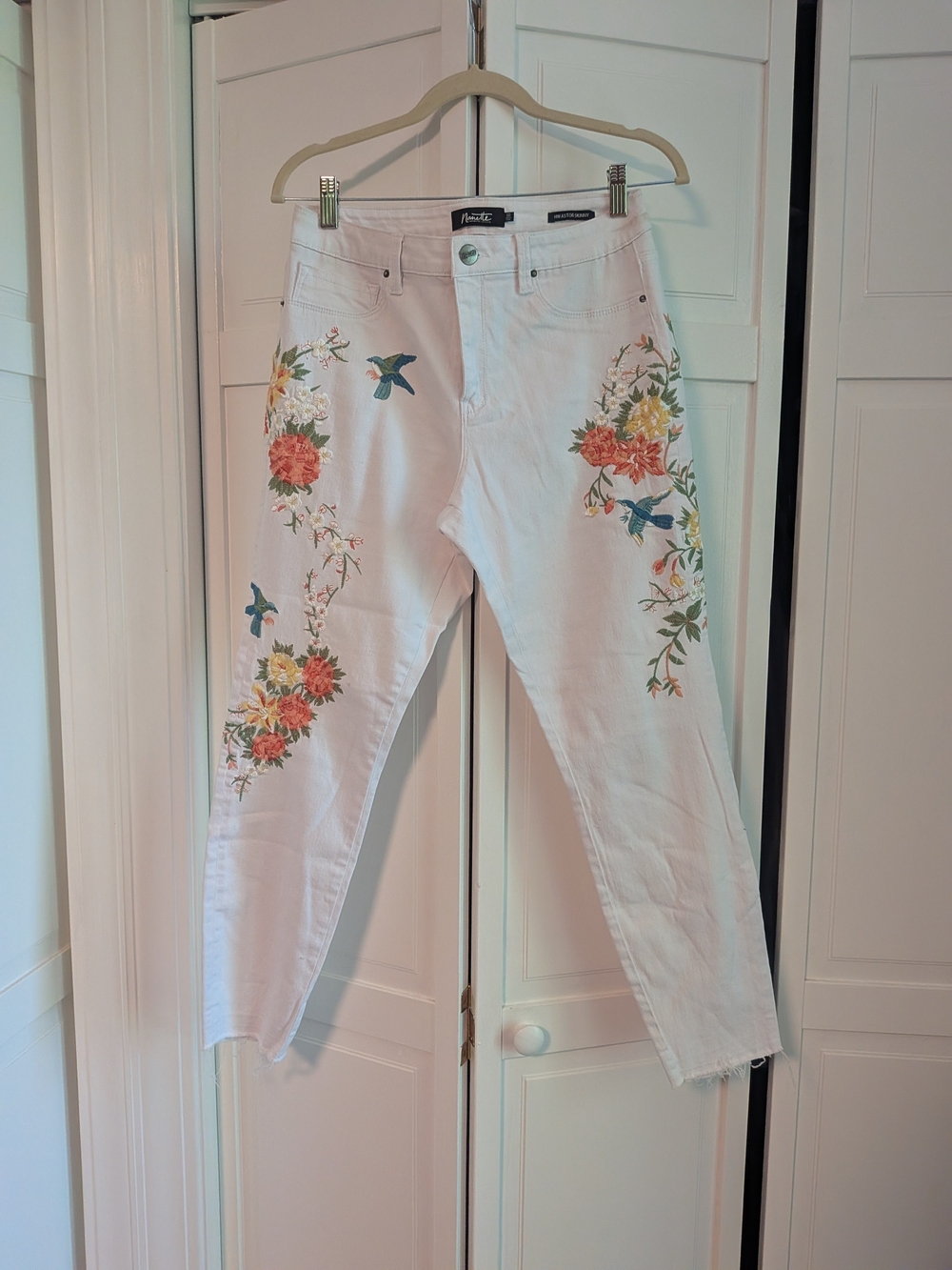 White Embroidered Floral & Bird Jeans